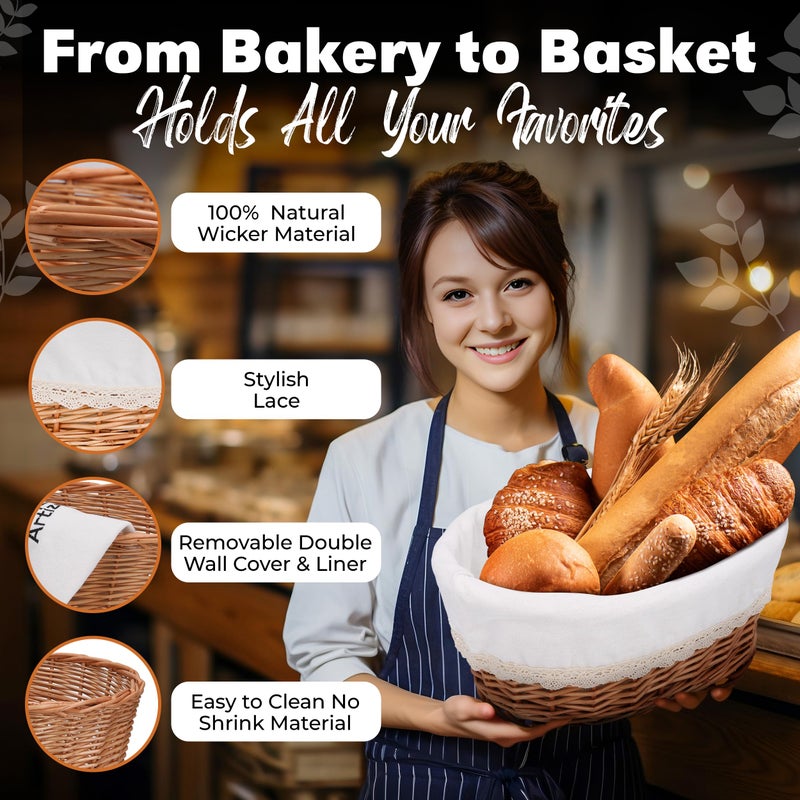 A ARTIZANKA Large Wicker Bread Basket with Removable Linen Liner and Cover - Handmade Rattan Bread Serving & Storage Basket 12"x9" Keeps Bread Warm & Fresh - Perfect Housewarming Gift - Image 2